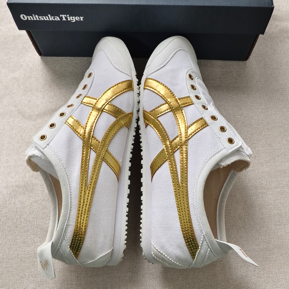 Onitsuka Tiger by Asics Women's White Sneakers with Metallic Gold Stripes - Picture 4 of 12